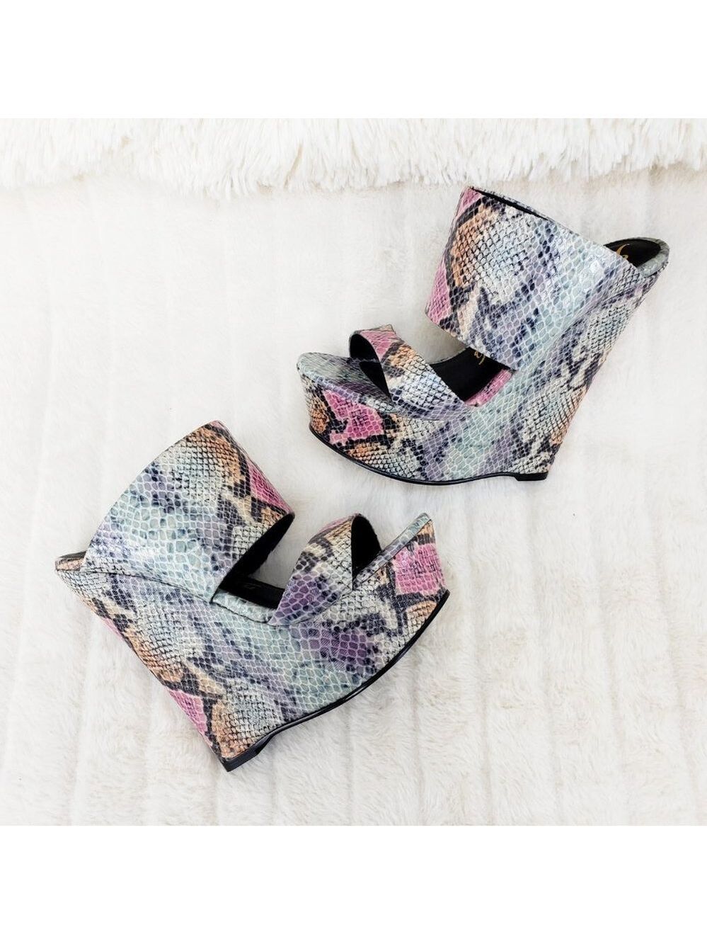 Wide Strap Slip On Multicolor Snake Print 6" Wedge Heel Shoe Platform Sandals - Picture 11 of 13